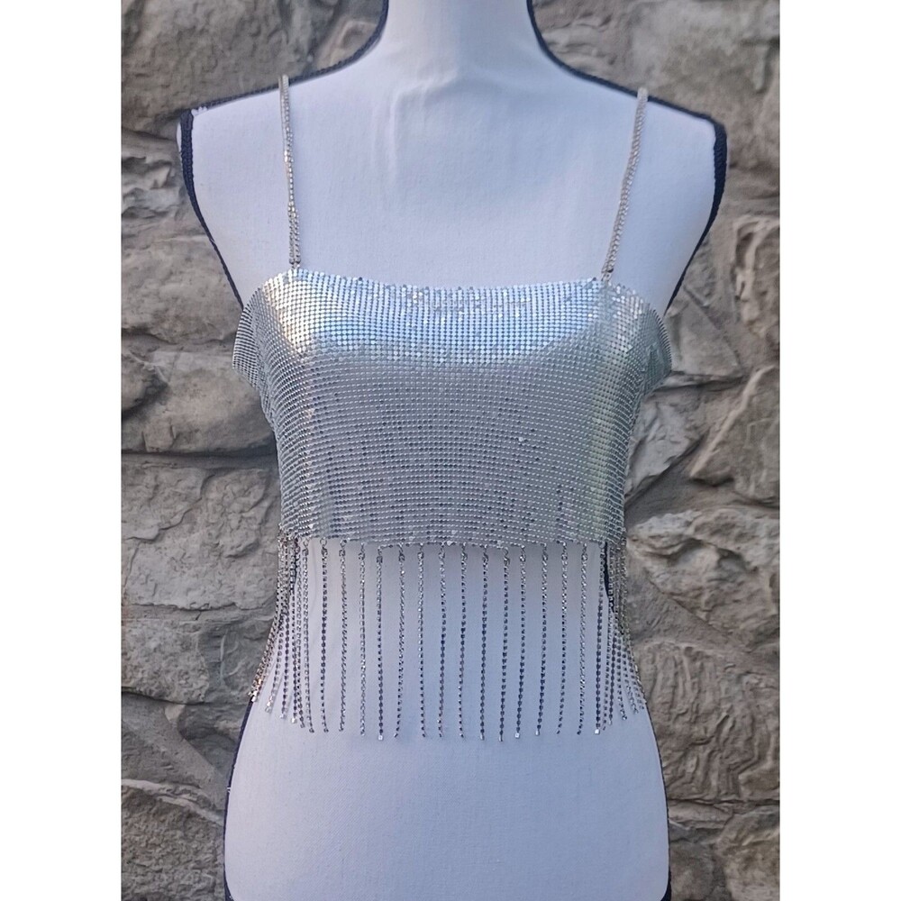 Forever 21 Womens Size S Metal Rhinestone Chain Fringe Sleeveless Top NWT